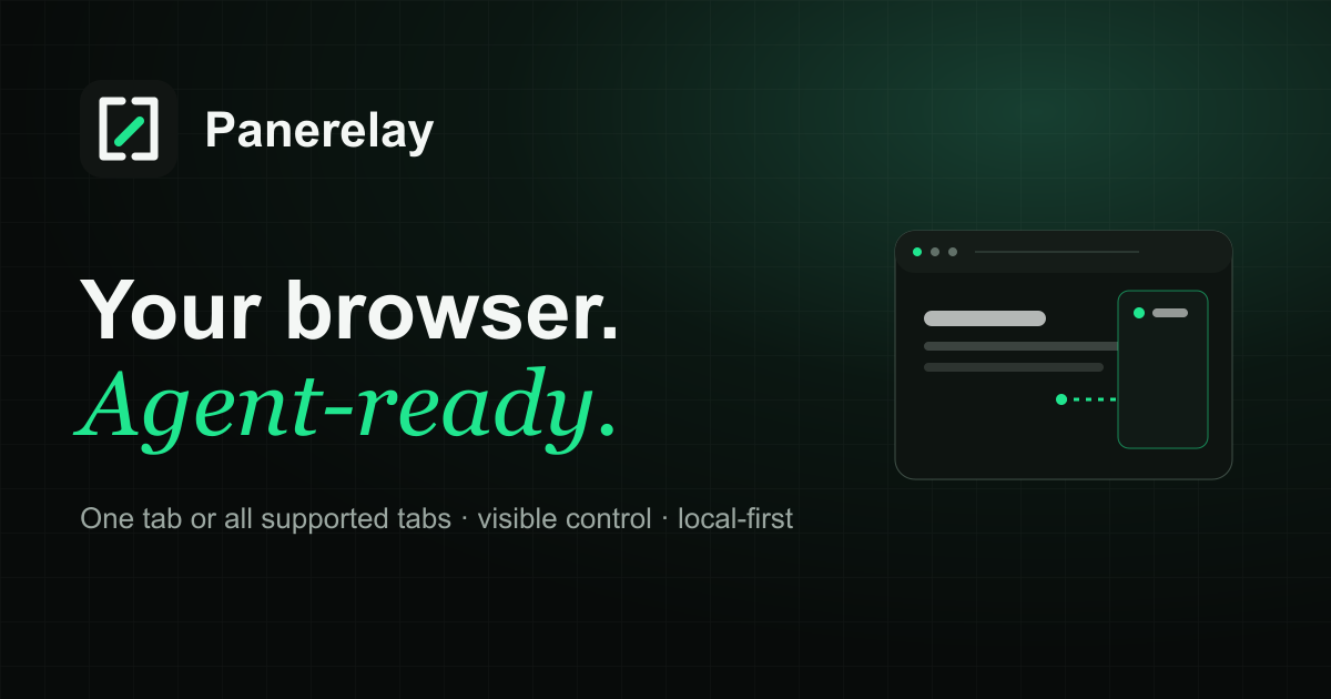 Panerelay 0.10: browser-authenticated Fetch and existing-tab Connect for AI agents logo